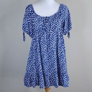 Floral Babydoll Dress Womens Large Blue White Pockets Ruffle Hem Mini Cottage